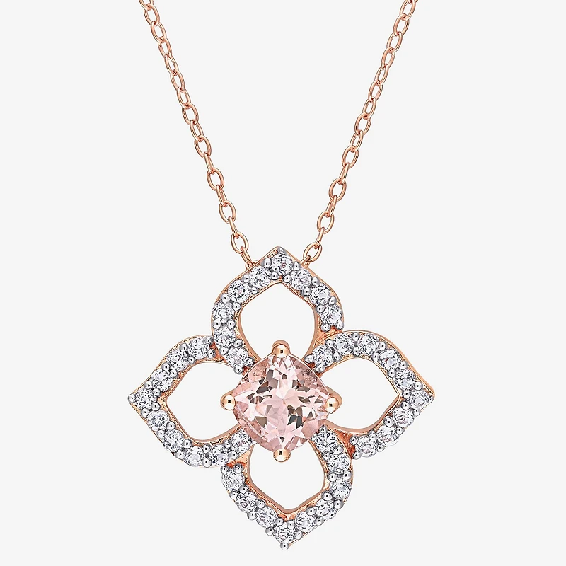 Womens Genuine Pink Morganite 18K Rose Gold Over Silver Flower 18 Inch Pendant Necklace