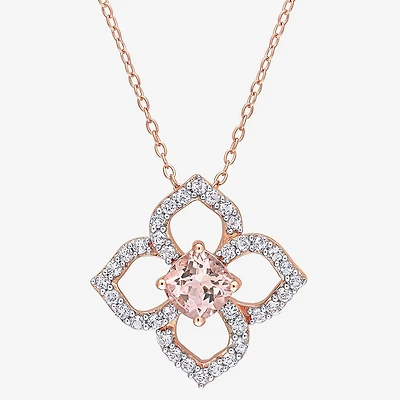 Womens Genuine Pink Morganite 18K Rose Gold Over Silver Flower 18 Inch Pendant Necklace