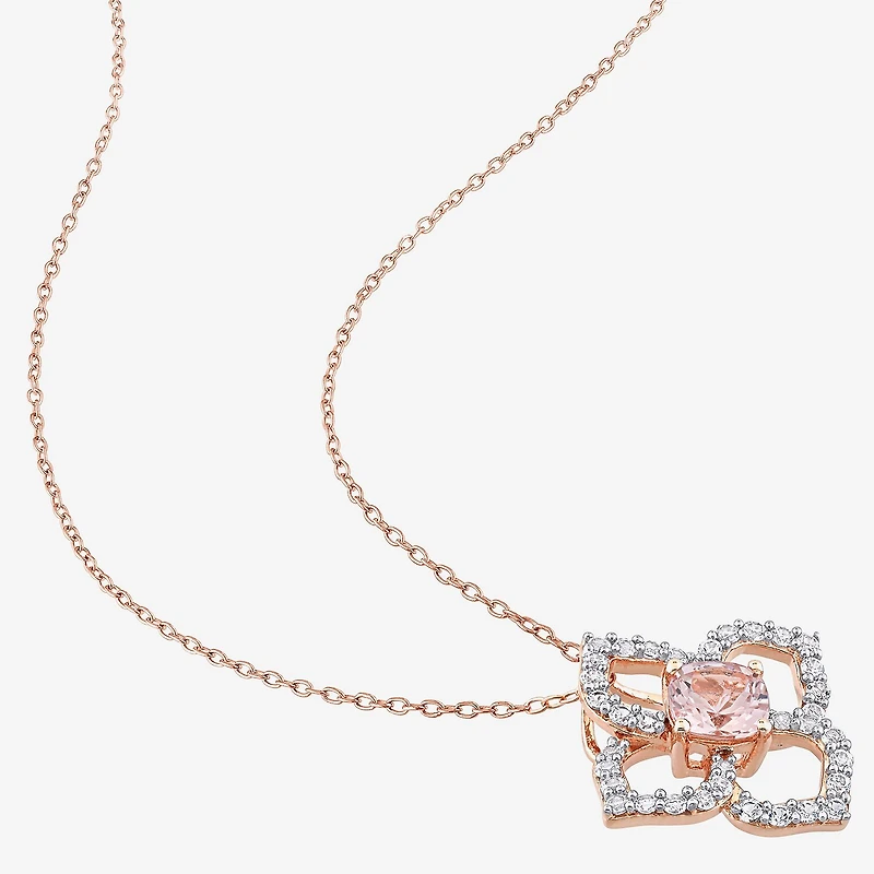 Womens Genuine Pink Morganite 18K Rose Gold Over Silver Flower 18 Inch Pendant Necklace