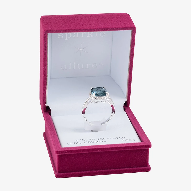 Sparkle Allure Womens Blue Crystal Pure Silver Over Brass Cushion Halo Cocktail Ring
