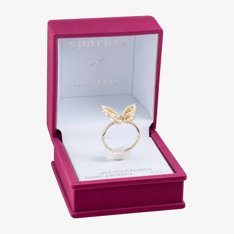 Sparkle Allure Womens White Simulated Pearl 14K Gold Over Brass Butterfly Cocktail Ring