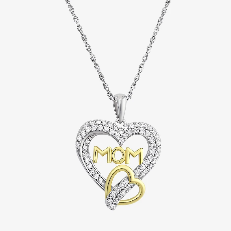 Diamonart "Mom" Womens White Cubic Zirconia Sterling Silver Heart 18 Inch Pendant Necklace