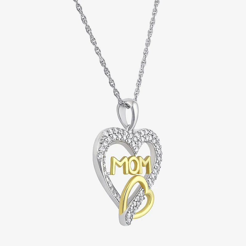 Diamonart "Mom" Womens White Cubic Zirconia Sterling Silver Heart 18 Inch Pendant Necklace