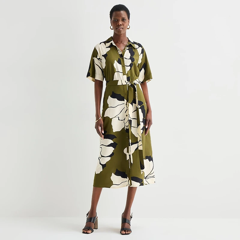 Worthington Womens Short Sleeve Tie Belt Shirt Dress