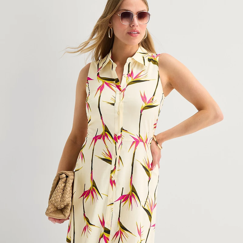 Worthington Womens Sleeveless Midi Shirt Dress