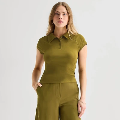 Worthington Womens Short Sleeve Rib Polo Shirt