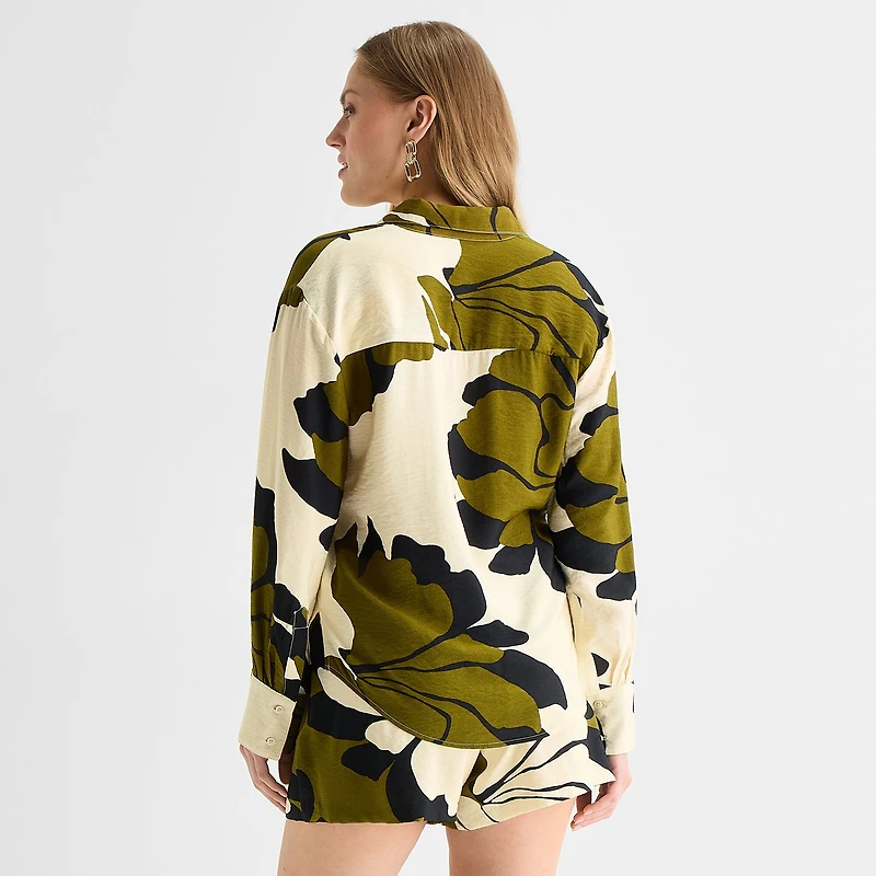 Worthington Womens Cuffed Long Sleeve Oversized Button-Down Shirt