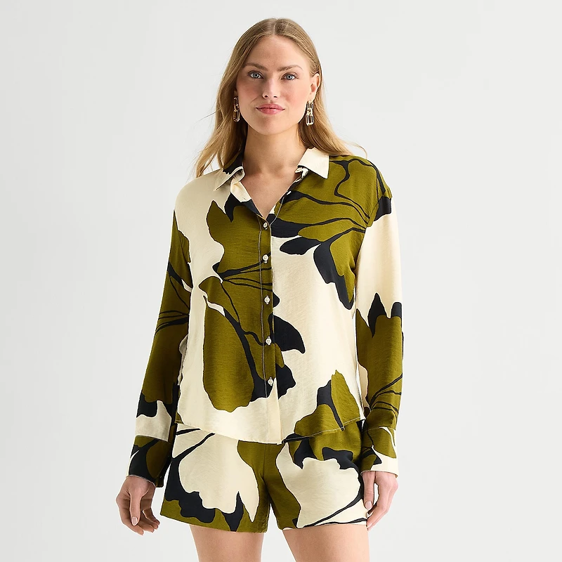 Worthington Womens Cuffed Long Sleeve Oversized Button-Down Shirt