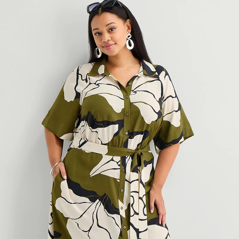 Worthington Plus Womens Short Sleeve Tie Belt Shirt Dress