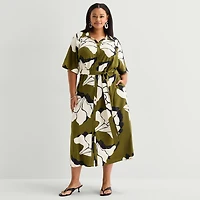 Worthington Plus Womens Short Sleeve Tie Belt Shirt Dress