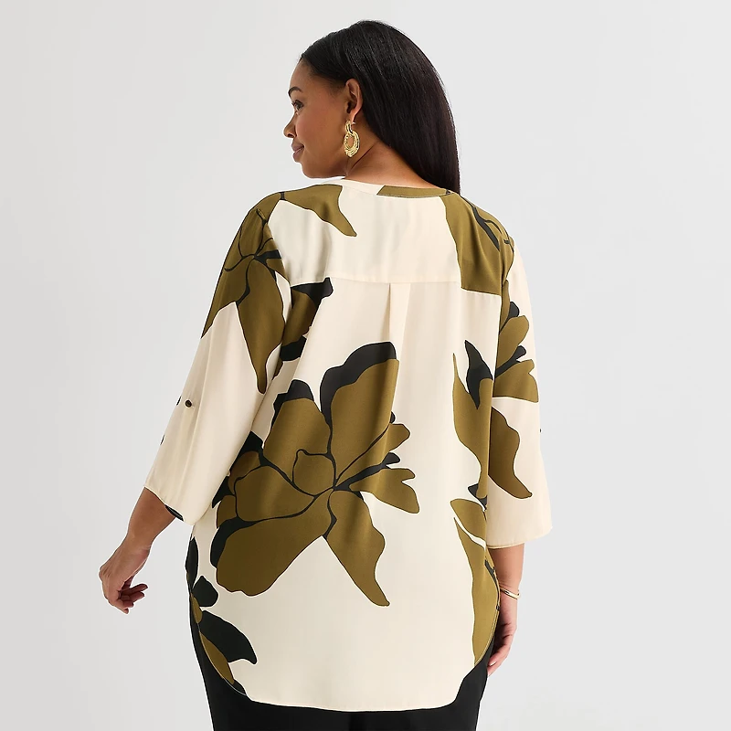Worthington Womens Plus Split Crew Neck 3/4 Sleeve Blouse