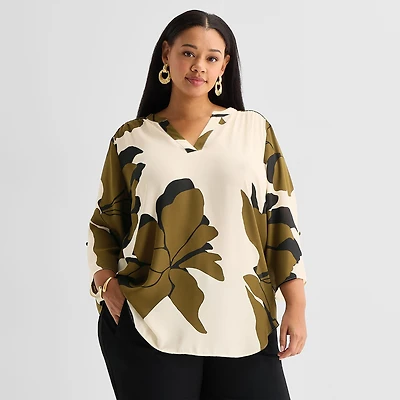 Worthington Womens Plus Split Crew Neck 3/4 Sleeve Blouse