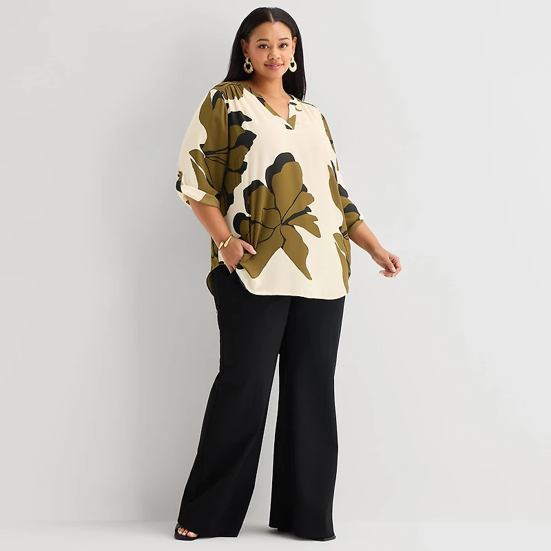 Worthington Womens Plus Split Crew Neck 3/4 Sleeve Blouse