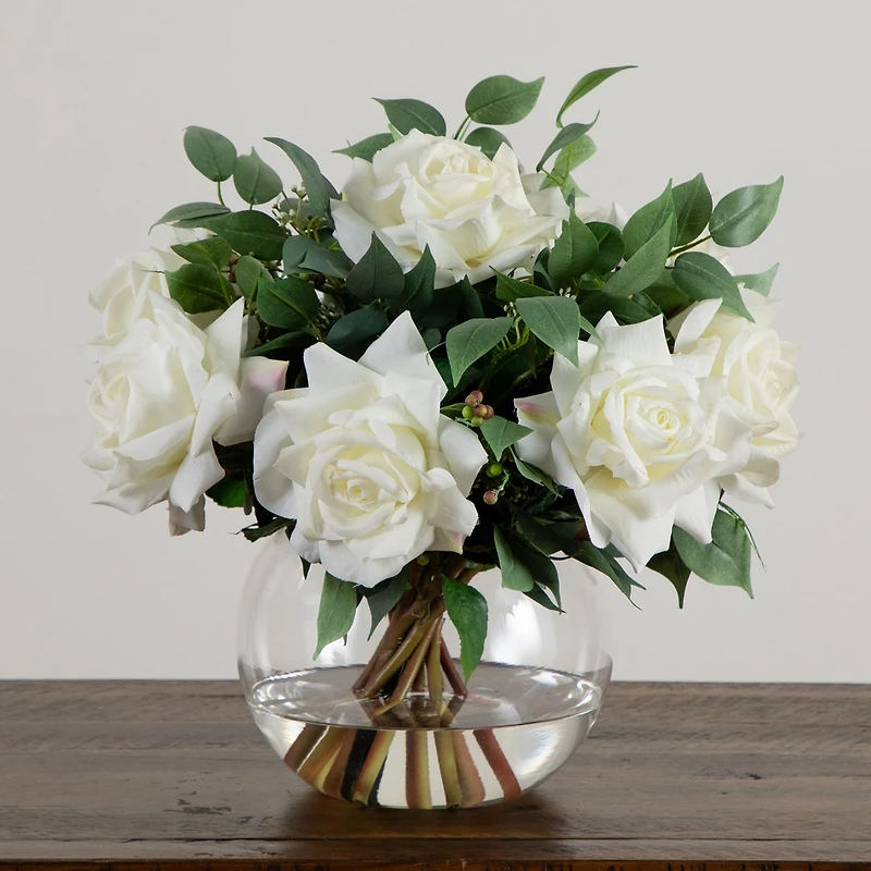 Nearly Natural 16" Roses Mixed Greens Glass Vase Artificial Flowers