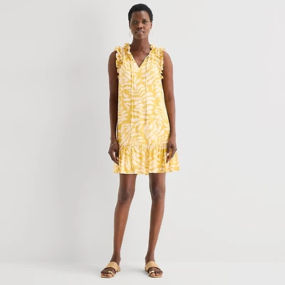 52seven Womens Split Tie Neck Sleeveless Leaf Shift Dress