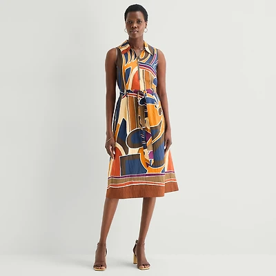 52seven Womens Sleeveless Midi Abstract Shirt Dress
