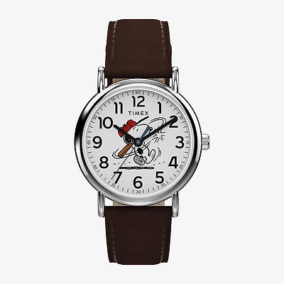 Timex Timex Peanuts Weekender 38mm Baseball Brown Leather Strap Watch Tw2y51500jt Mens Brown Leather Strap Watch Tw2y51500jt