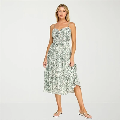 Trixxi Womens Juniors Midi Sweetheart Neck Sleeveless Leaf A-Line Dress