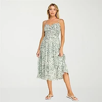Trixxi Womens Juniors Midi Sweetheart Neck Sleeveless Leaf A-Line Dress