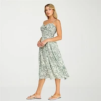 Trixxi Womens Juniors Midi Sweetheart Neck Sleeveless Leaf A-Line Dress