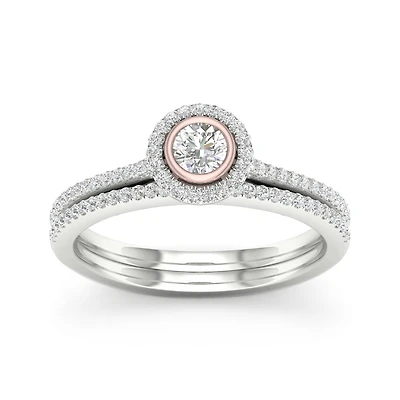 Womens 3/8 CT. T.W. Natural White Diamond 10K Two Tone Gold Round Side Stone Halo Bridal Set
