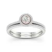 Womens 3/8 CT. T.W. Natural White Diamond 10K Two Tone Gold Round Side Stone Halo Bridal Set