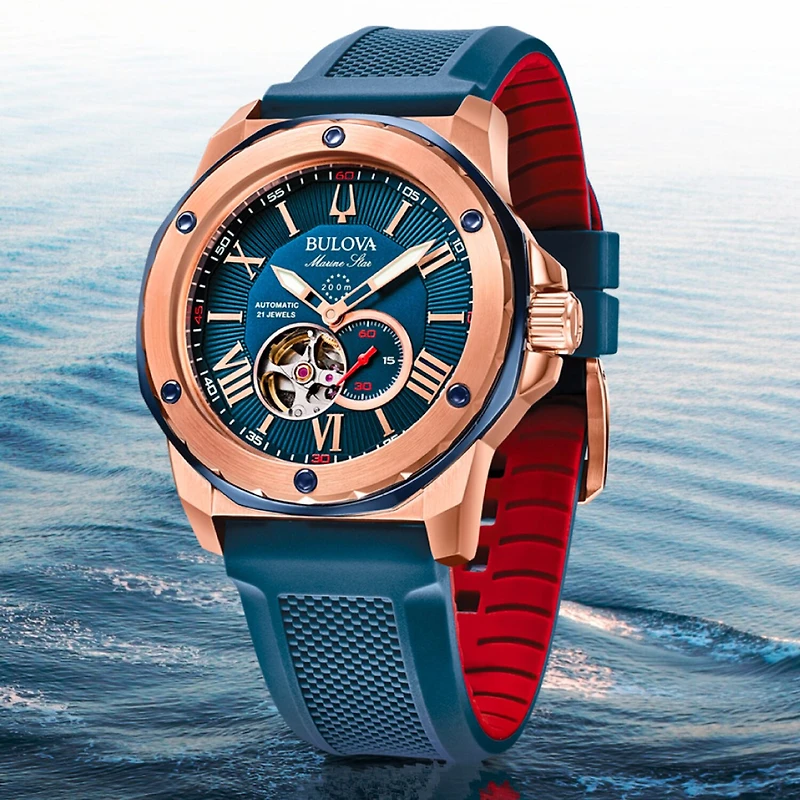 Bulova Marine Star Mens Automatic Blue Strap Watch 98a227