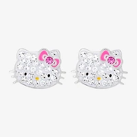 Girls White Crystal Sterling Silver 8.1mm Hello Kitty Hoop Earrings
