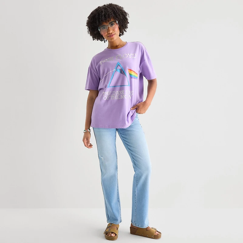 Womens Juniors Crew Neck Short Sleeve Oversized Pink Floyd Graphic T-Shirt