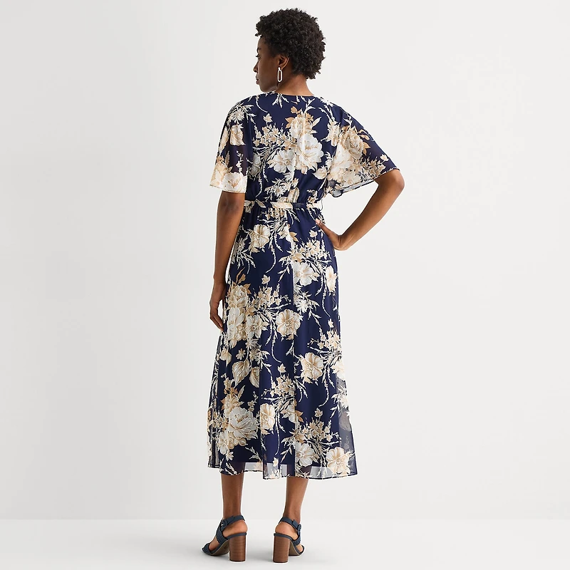 Studio 1 Womens V Neck Short Sleeve Flutter Maxi Dress