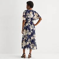 Studio 1 Womens V Neck Short Sleeve Flutter Maxi Dress
