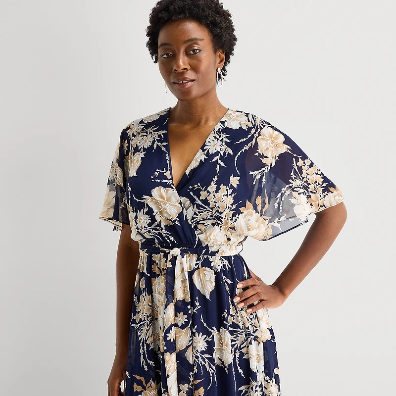 Studio 1 Womens V Neck Short Sleeve Flutter Maxi Dress