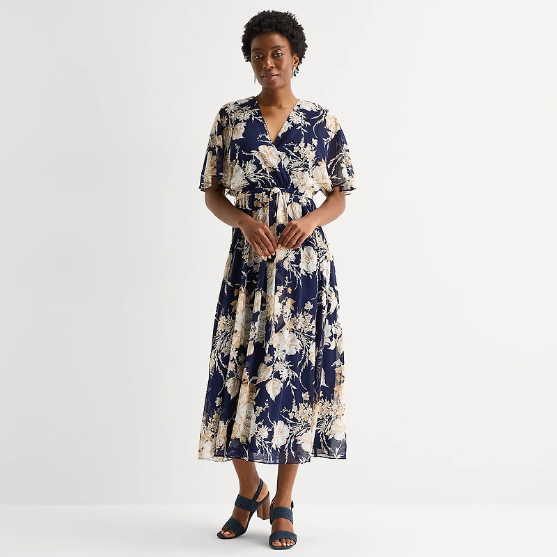 Studio 1 Womens V Neck Short Sleeve Flutter Maxi Dress