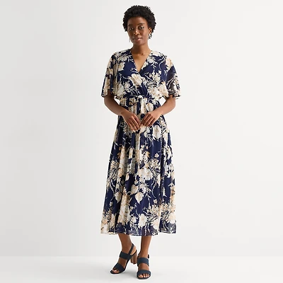 Studio 1 Womens V Neck Short Sleeve Flutter Maxi Dress