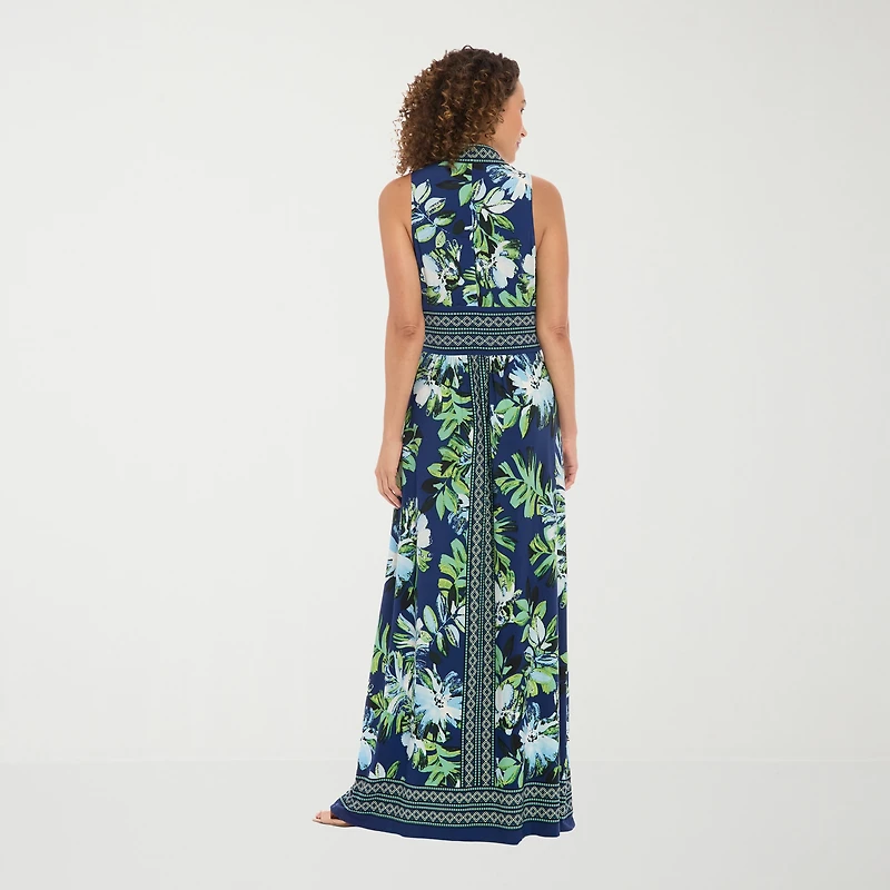 London Times Womens V Neck Sleeveless Maxi Dress