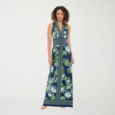 London Times Womens V Neck Sleeveless Maxi Dress
