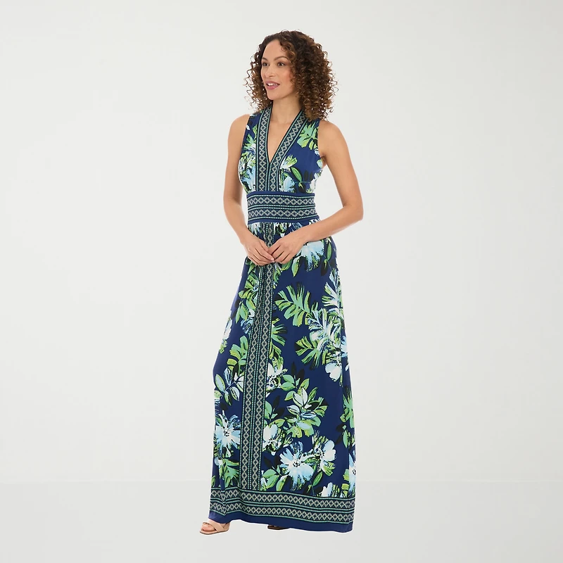 London Times Womens V Neck Sleeveless Maxi Dress