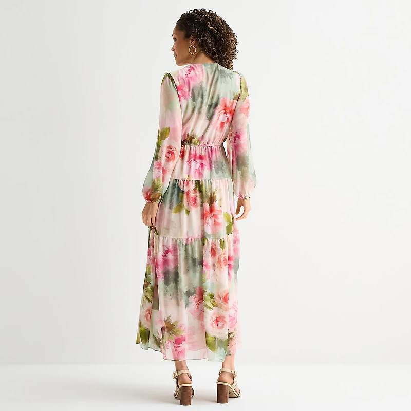 Robbie Bee Womens V Neck Long Sleeve Bishop Maxi Dress