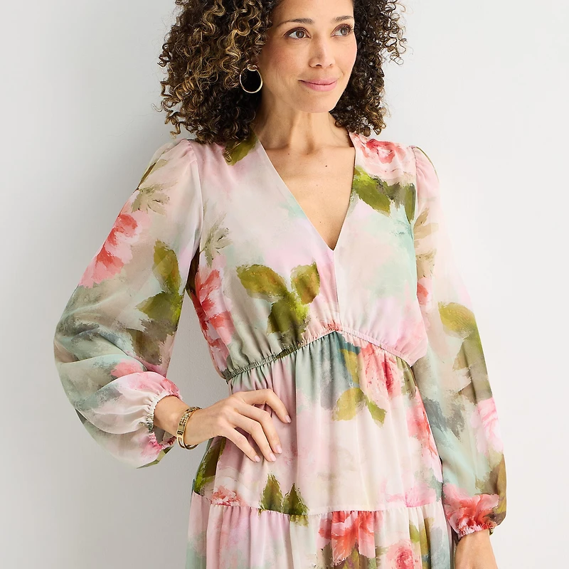 Robbie Bee Womens V Neck Long Sleeve Bishop Maxi Dress