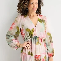 Robbie Bee Womens V Neck Long Sleeve Bishop Maxi Dress