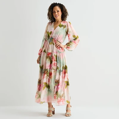 Robbie Bee Womens V Neck Long Sleeve Bishop Maxi Dress