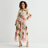 Robbie Bee Womens V Neck Long Sleeve Bishop Maxi Dress