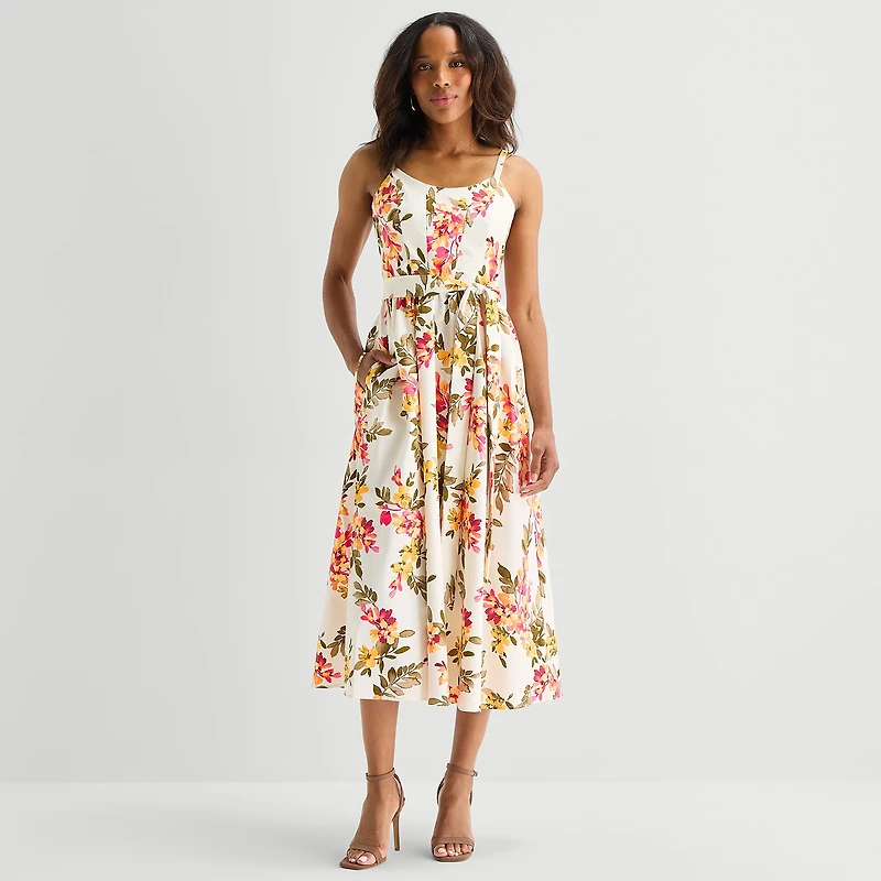 Robbie Bee Womens Midi Round Neck Sleeveless Floral Fit + Flare Dress