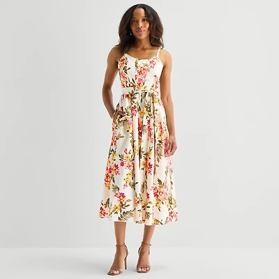 Robbie Bee Womens Midi Round Neck Sleeveless Floral Fit + Flare Dress