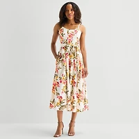 Robbie Bee Womens Midi Round Neck Sleeveless Floral Fit + Flare Dress