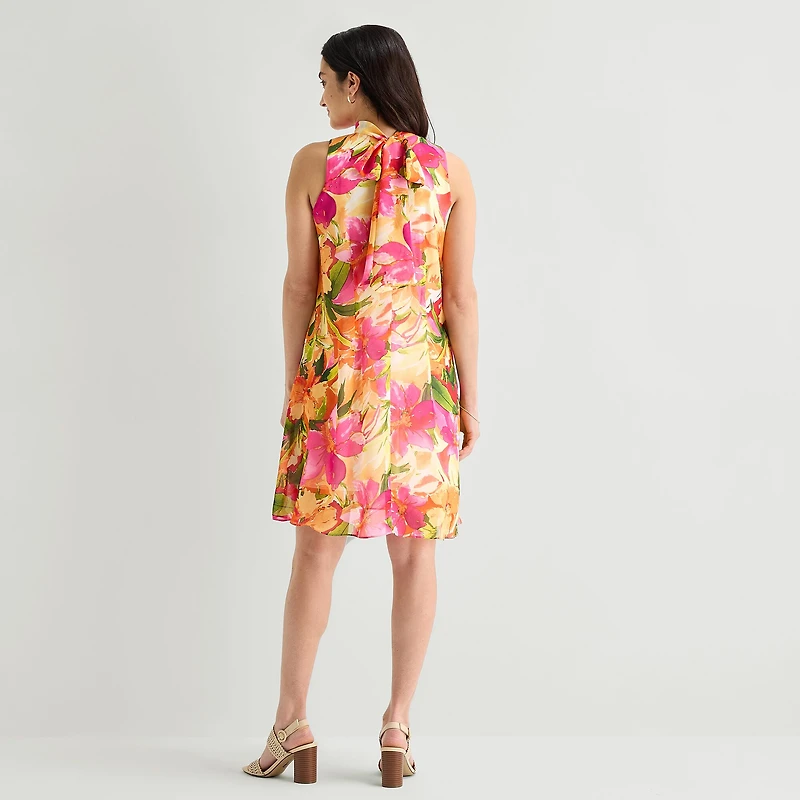 Robbie Bee Womens Mock Neck Sleeveless Floral Shift Dress