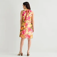 Robbie Bee Womens Mock Neck Sleeveless Floral Shift Dress