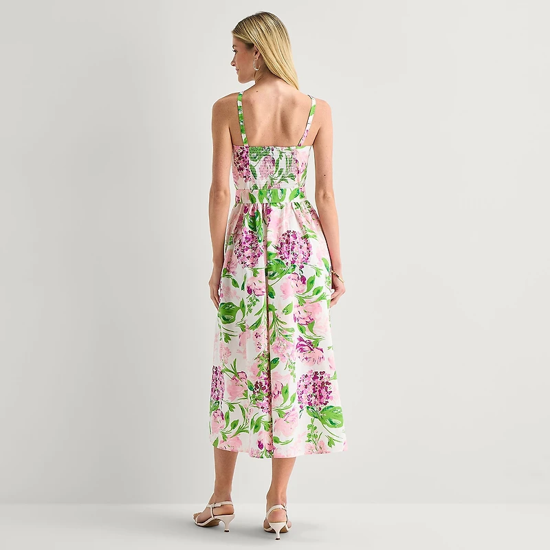Robbie Bee Womens Midi Round Neck Sleeveless Floral Fit + Flare Dress