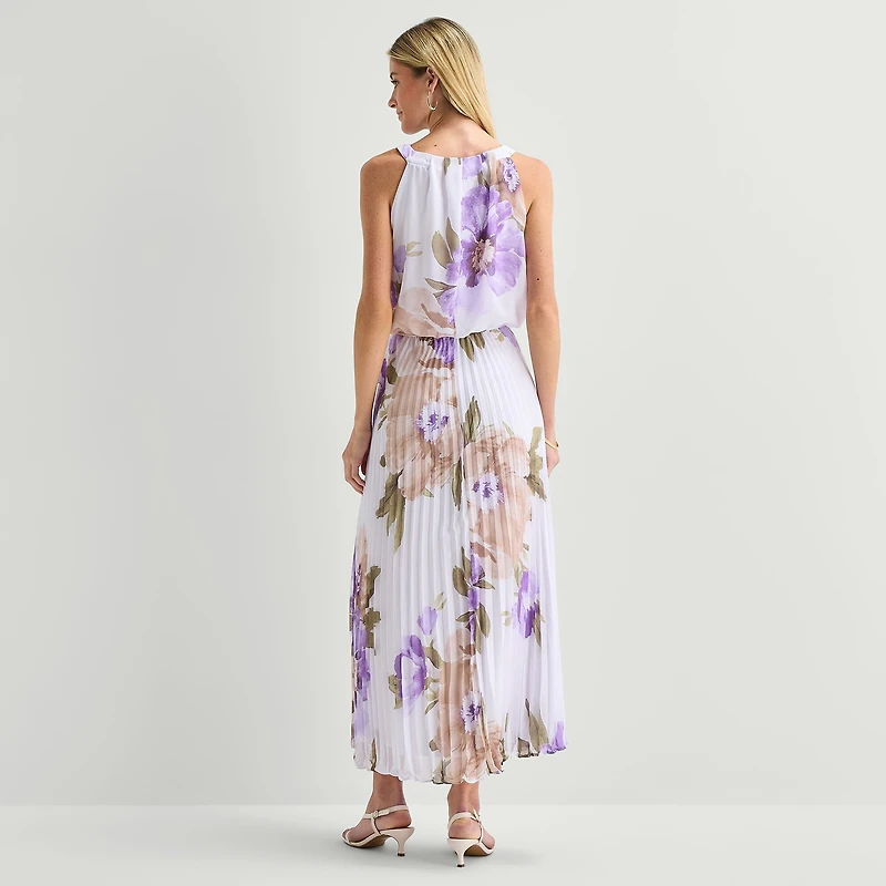 Robbie Bee Womens Halter Neck Sleeveless Floral Fit + Flare Dress