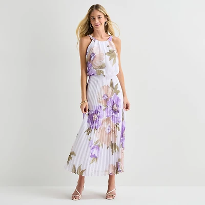 Robbie Bee Womens Halter Neck Sleeveless Floral Fit + Flare Dress